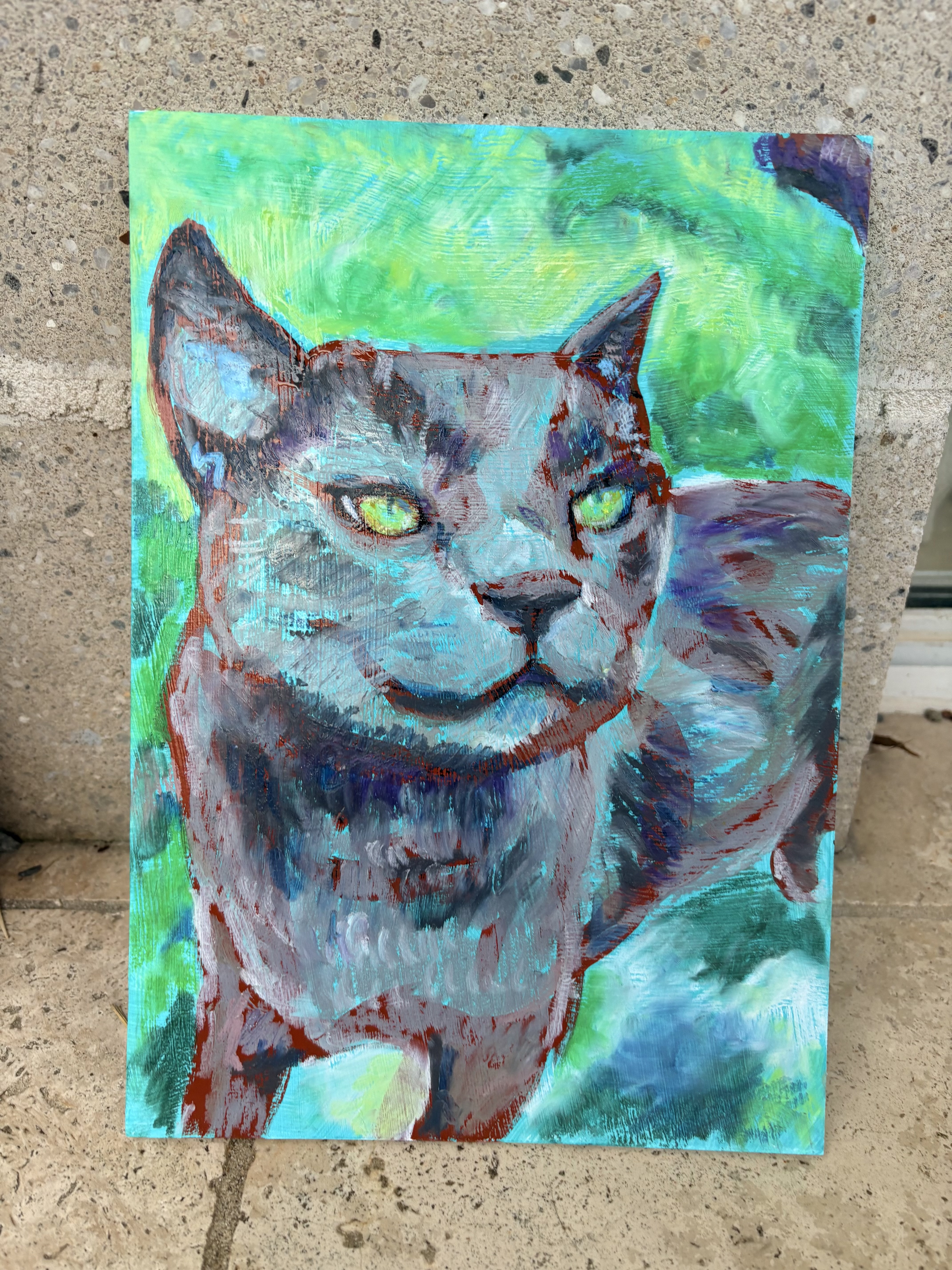 Vibrant cat portrait in teal and green